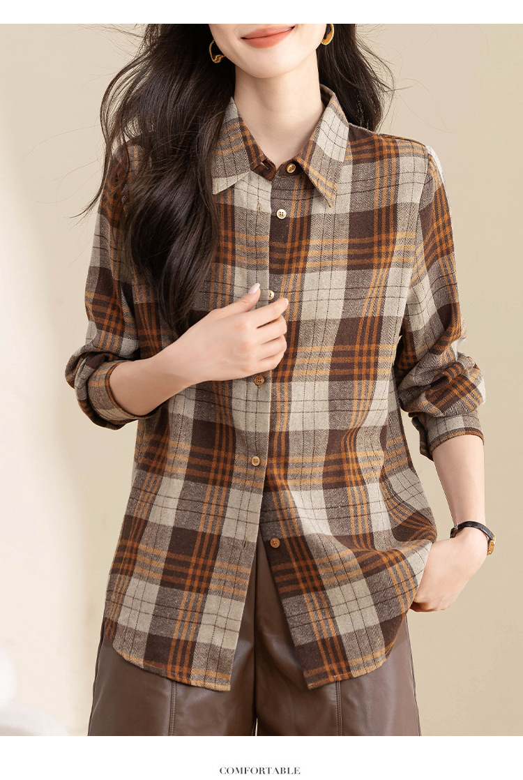 复古格子衬衫女长袖秋冬装新款中长款宽松上衣设计感小众磨毛衬衣详情20
