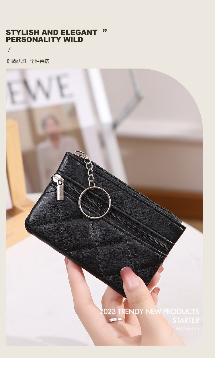 新款钱包女双层短款手拿包时尚菱格绣线卡片钥匙包迷你零钱包潮详情1