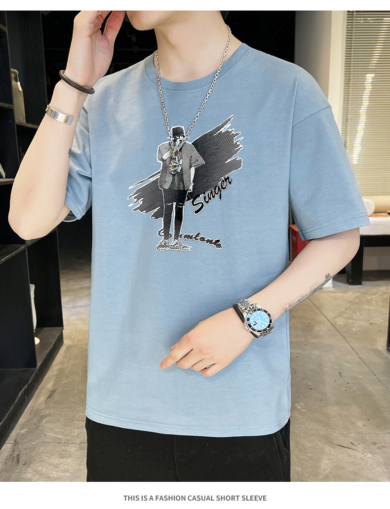 Short-sleeved T-shirt for men, 2022 Summer new Korean style trendy ins loose T-shirt, mid-sleeved cotton trendy brand, large size pic 57