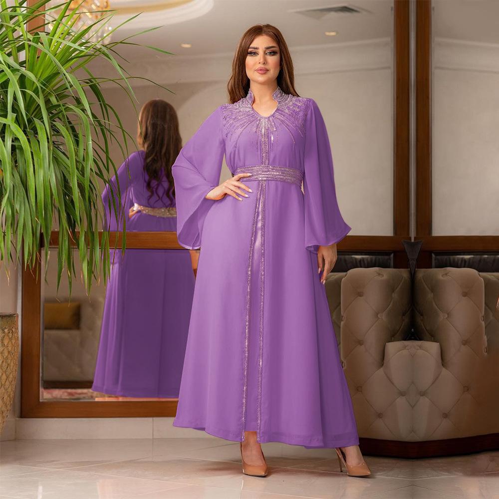XQY500090 Foreign trade Arab robe, Middle East kaftan fashion Hot diamond belted chiffon dress pic 6