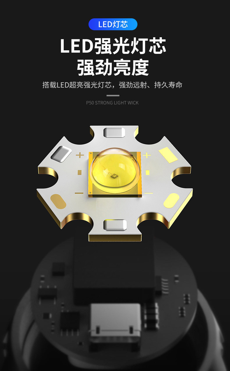 新款LED手电筒COB户外野营USB充电带侧灯电显塑料聚光远射小手电 pic 4