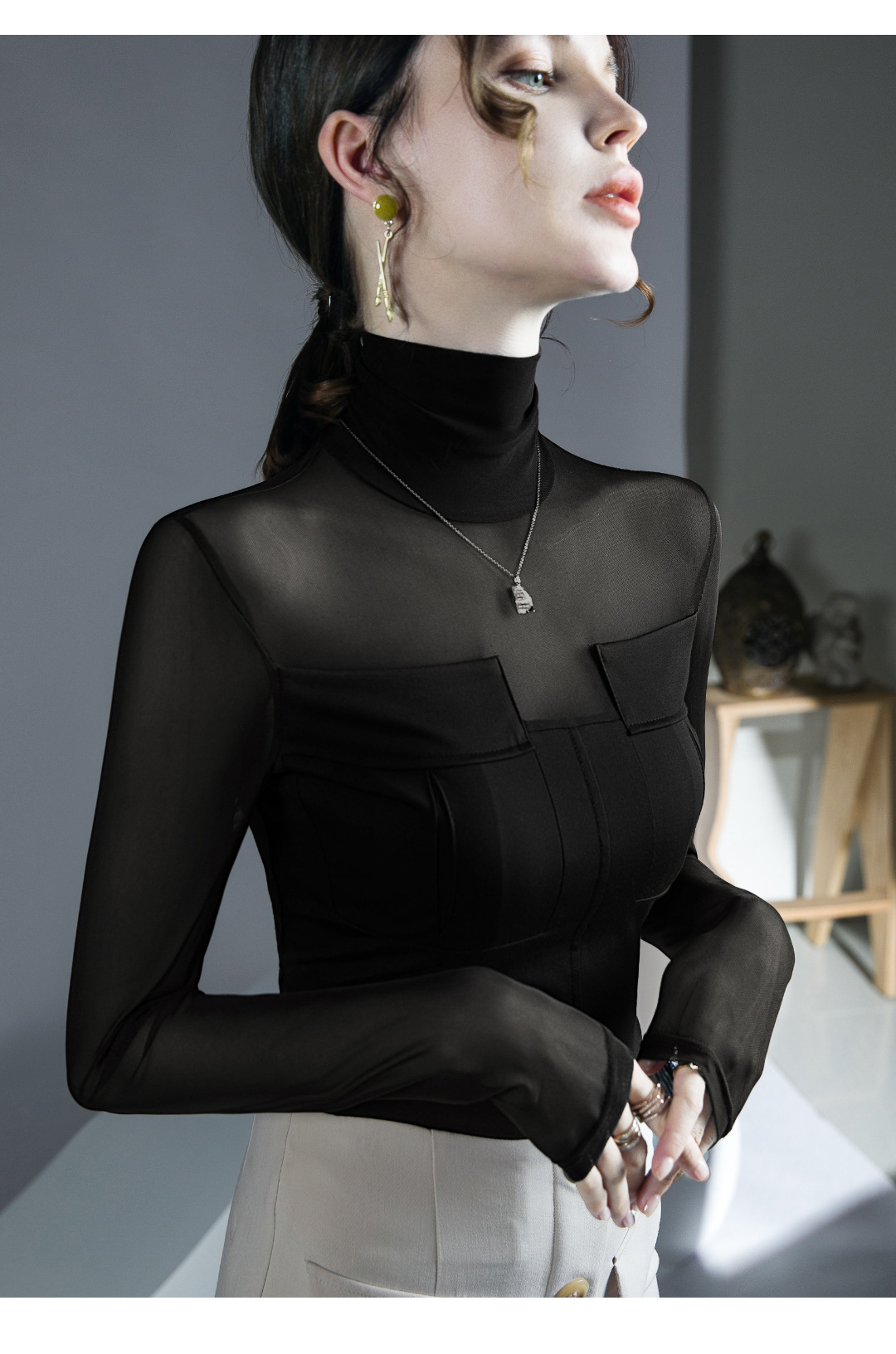 芙笙纪网纱微透拼接上衣秋冬新款内搭打底衫洋气高领长袖详情13