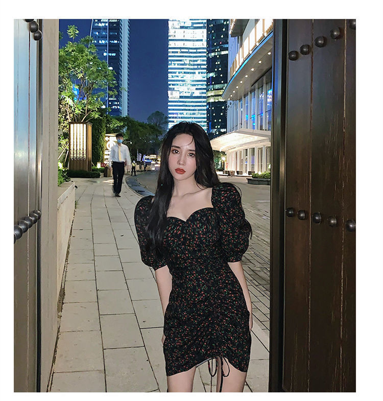 连衣裙御姐轻熟风女夏季泡泡袖碎花裙方领包臀裙设计感小众裙子潮详情9