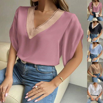 Amazon 2023 Spring/Summer New V-neck lace solid color top, elegant short-sleeved chiffon shirt for women pic 14