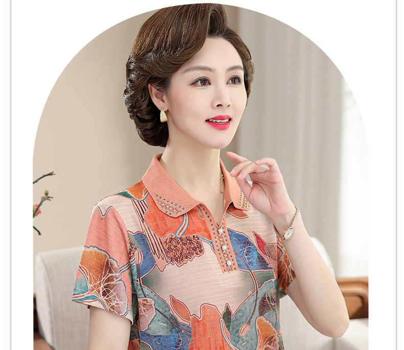 洋气妈妈装夏季短袖翻领T恤中老年人夏装宽松大码时尚印花小衫薄详情46