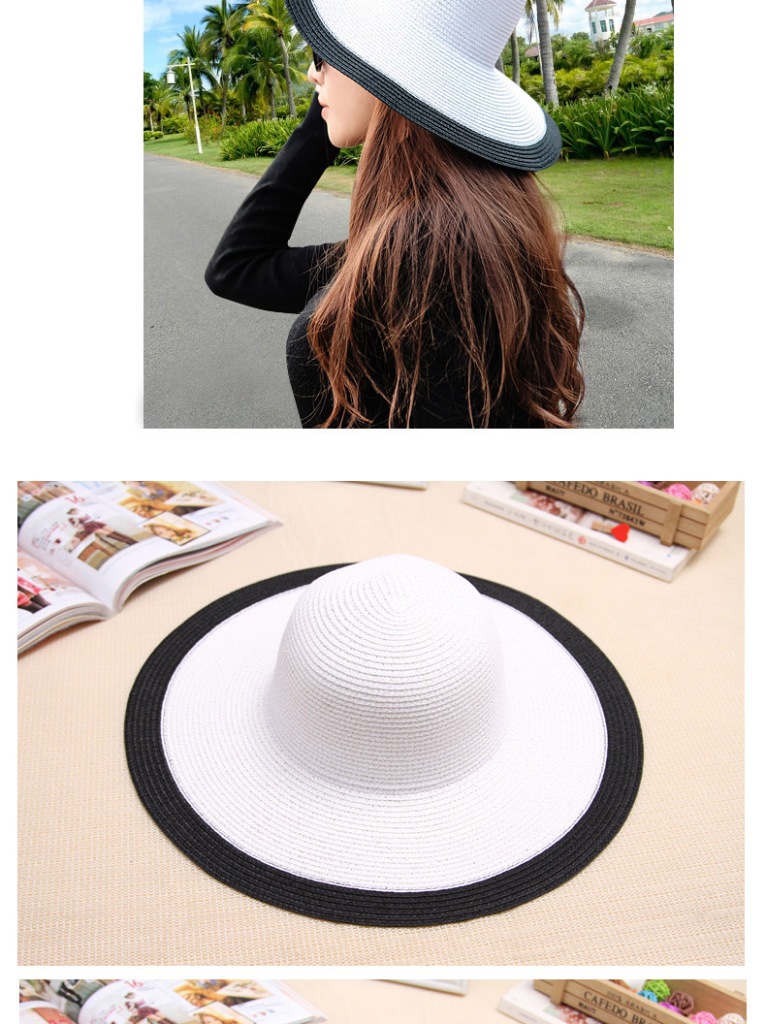 Black and white striped folding summer wide-brimmed sun hat for women, sun-protective beach straw woven hat pic 7