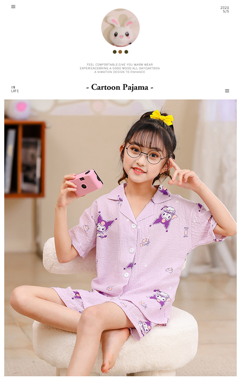 2023女童睡衣儿童夏季短袖短裤泡泡绉布套装女孩开衫大童家居服夏详情18