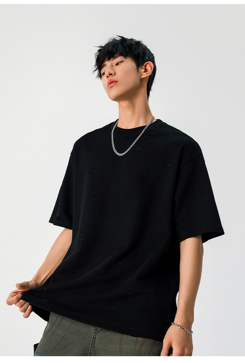 质感肌理不规则破洞短袖T恤男女夏季新款潮牌宽松情侣半袖体恤衫详情14