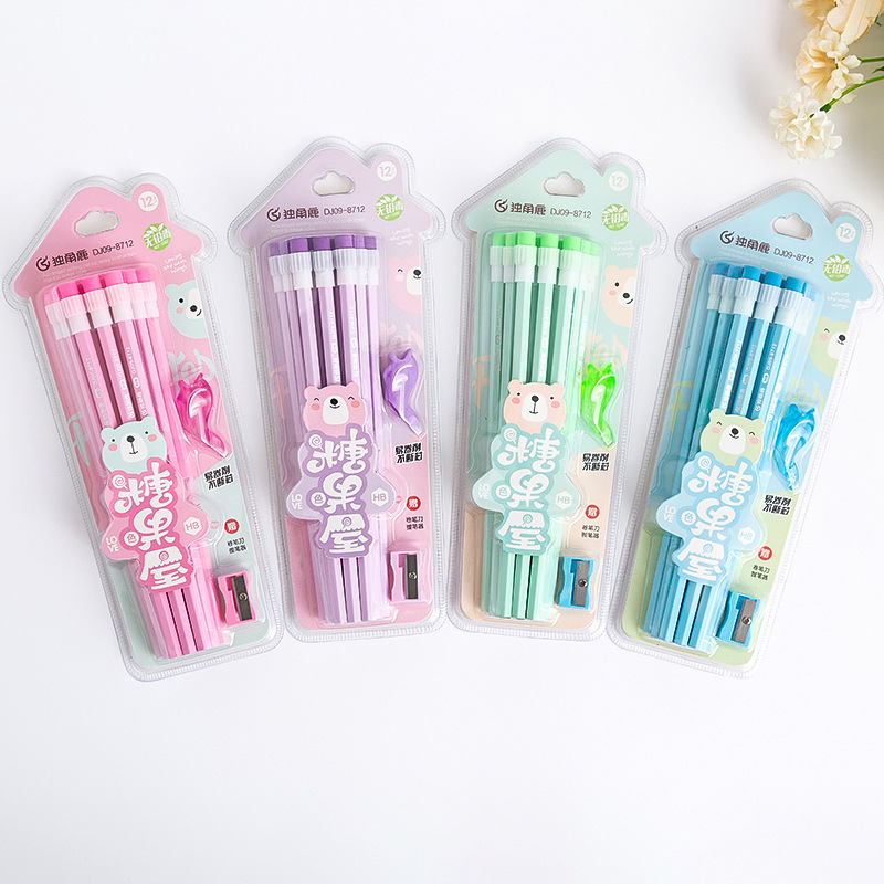 厂家自产自销小松树铅笔独角鹿系列12支大皮头糖果屋HB铅笔书写详情1