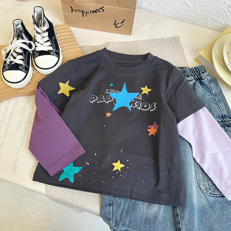 Two new T-shirts for boys in spring 2025, color-block star print long-sleeved baby top, trendy CY255006 pic 1