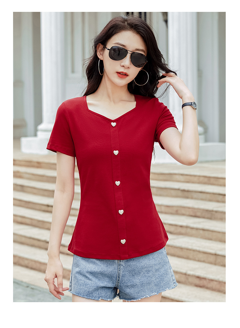 法式方领显锁骨弹力棉爱心纽扣小香风时尚短袖女T恤2023夏新款170详情22