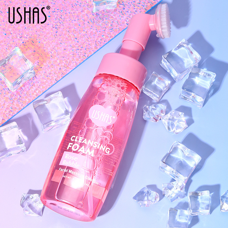 USHAS跨境现货热销玫瑰洁面泡沫慕斯洗面奶深层清洁带刷头洁面详情11