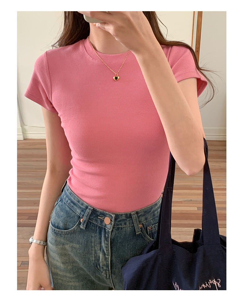 European and American style ribbed off-the-shoulder T-shirt for women, new summer style, slimming and figure-hugging, round-neck, layering short base layer pic 3