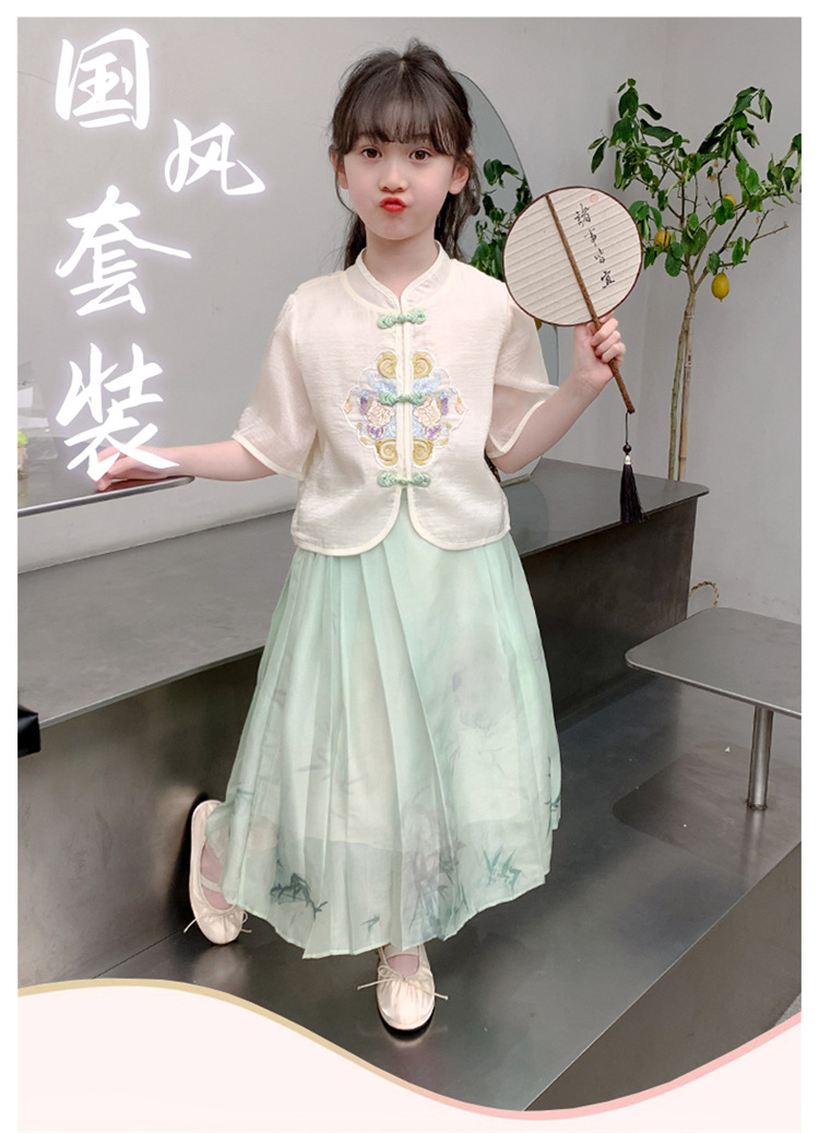 女童套裙2024新款中大童洋气国风刺绣汉服夏季短袖马面裙两件套详情1