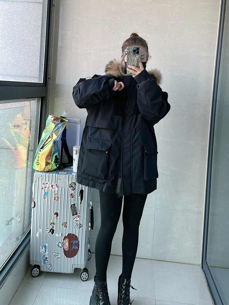 High-quality American retro outdoor workwear for couples, thickened white duck down, detachable genuine fur collar Parker down jacket pic 4