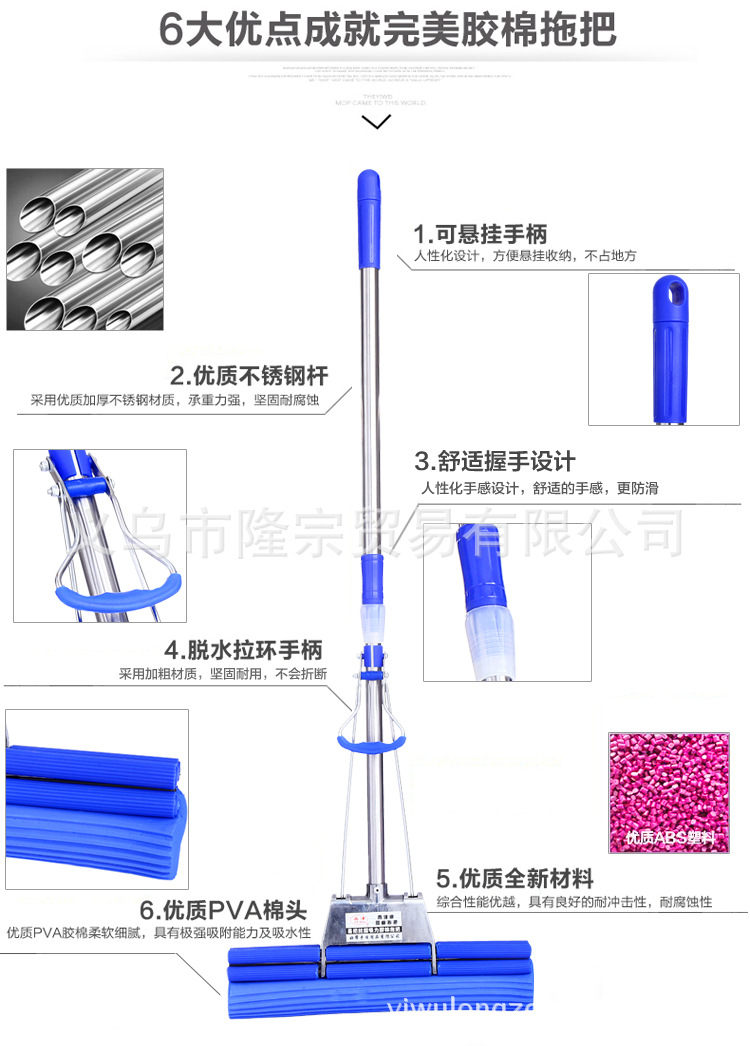 Xijin 602 Double water-Absorbing 38 cm Rubber cotton mop, stainless steel Double roller water-absorbing mop pic 4