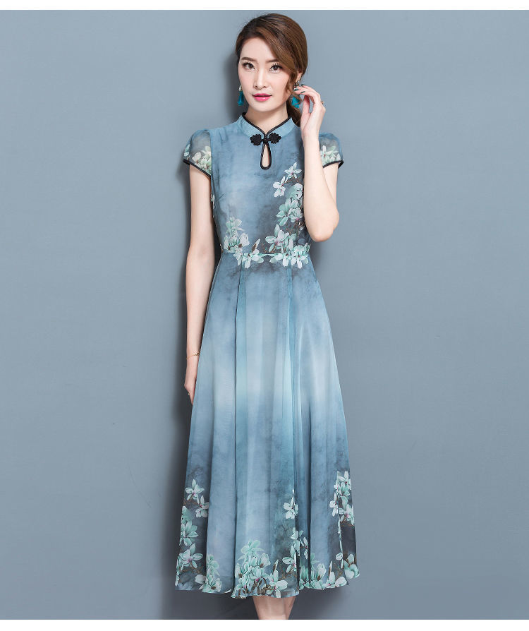 定制批发新款2021夏修身印花复古连衣裙立领显瘦仿冰丝长裙大摆裙详情10