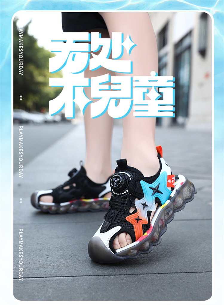 男童运动软底旋转新款2024夏季凉鞋纽扣中大童防滑儿童沙滩鞋包头详情4