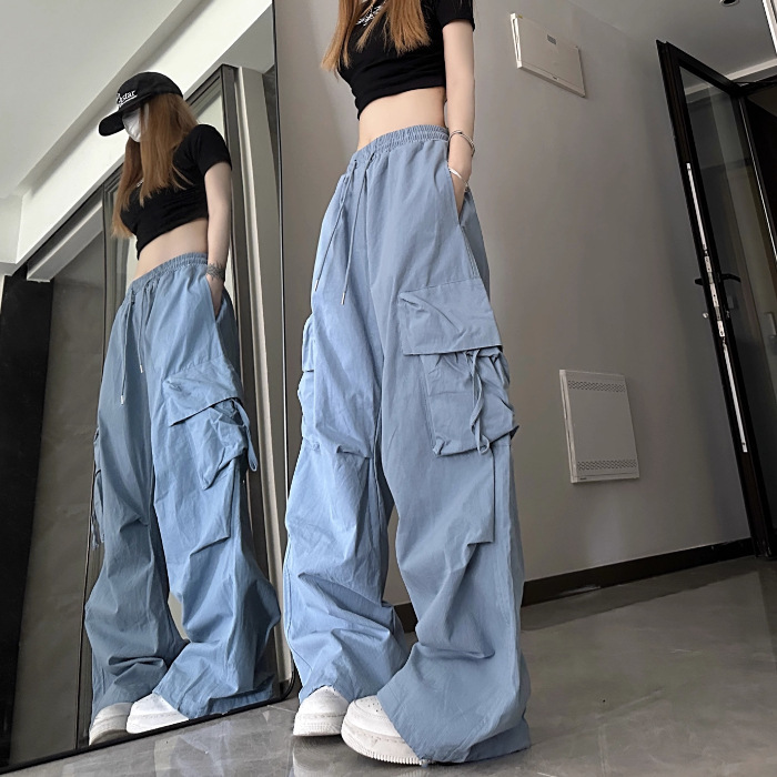 美式复古小众工装裤女立体口袋高腰直筒阔腿飘带宽松休闲拖地长裤详情23