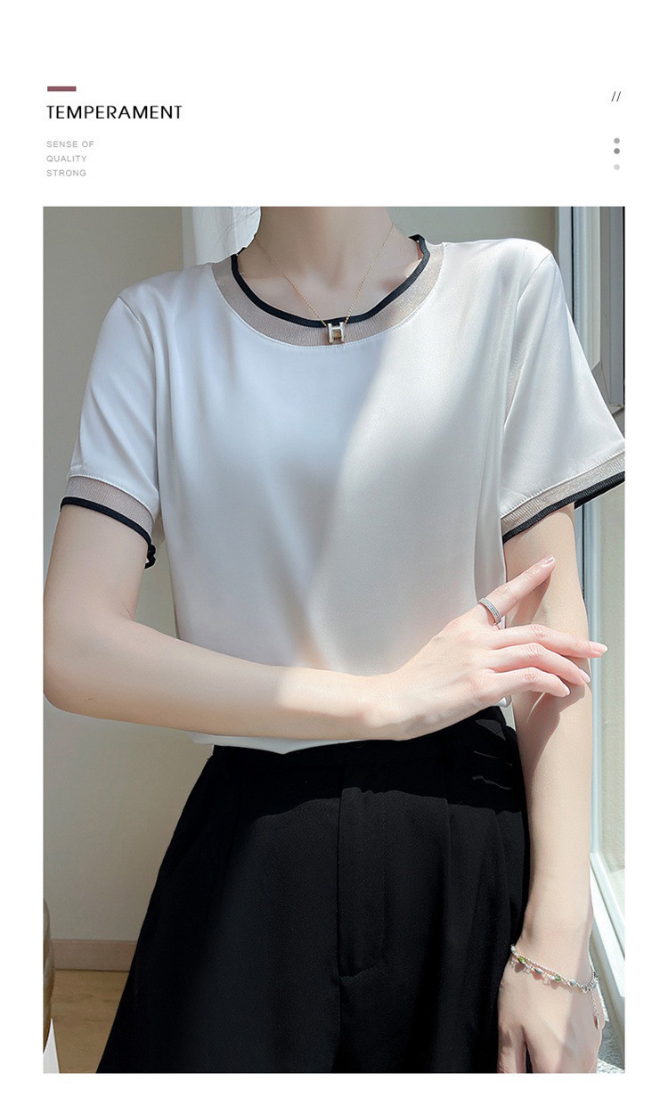 夏季新款仿真丝缎面网纱拼接圆领显瘦短袖T恤上衣女桑蚕丝百搭潮详情45