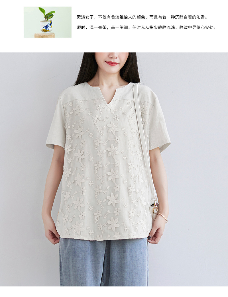 2022夏季新款速卖通欧美女装蕾丝刺绣短袖衬衫宽松女士上衣T恤详情27