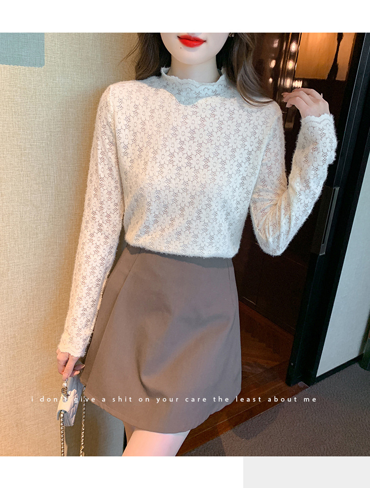 A stylish and youthful 2023 autumn collection, paired with a semi-high-neck top, long-sleeved small stand-up collar, and a youthful lace base layer for women pic 27
