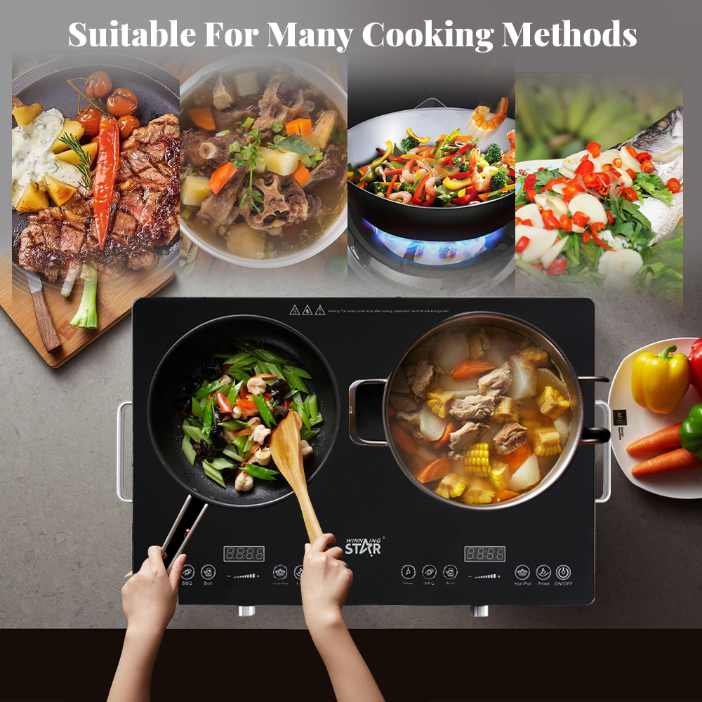 Winningstar Cross-border Household multi-functional black crystal touch panel double-head electric Ceramic Stove for stir-frying, stewing soup and barbecuing pic 2
