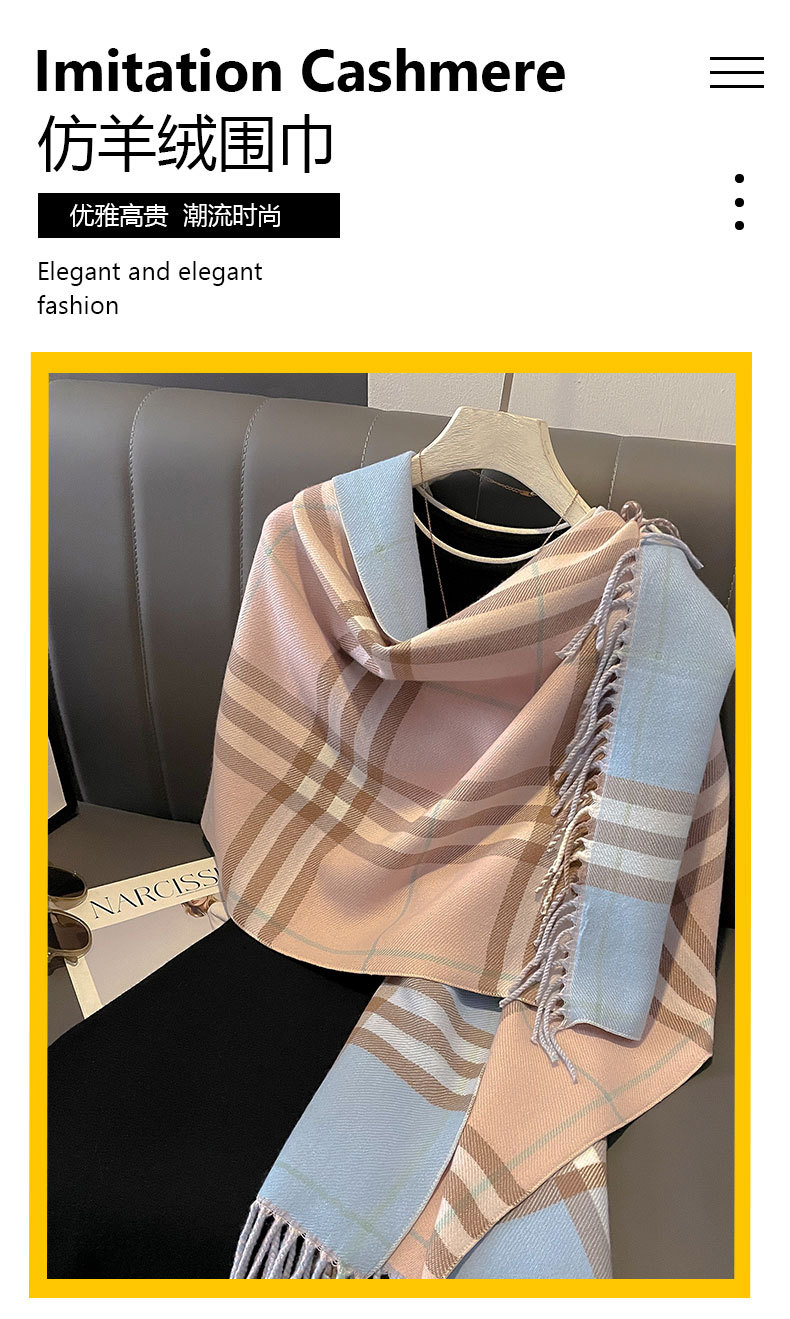 秋冬围巾女2023新款欧美经典复古仿羊绒格子披肩加厚保暖围脖批发详情2