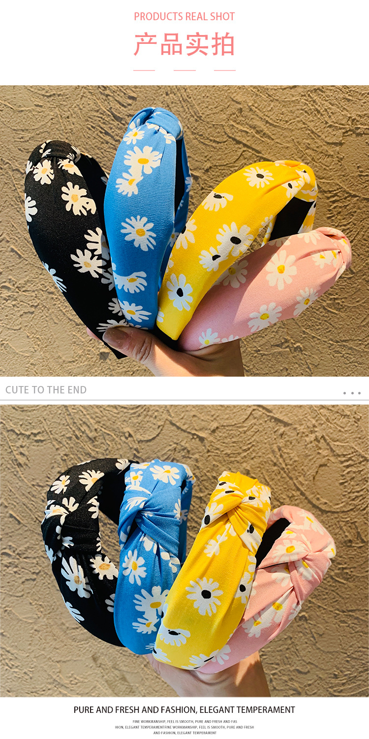 The new spring and summer Korean Instagram-popular Daisy headband, simple fabric knotted hairpin, wide-edge hair accessory headband for women pic 6