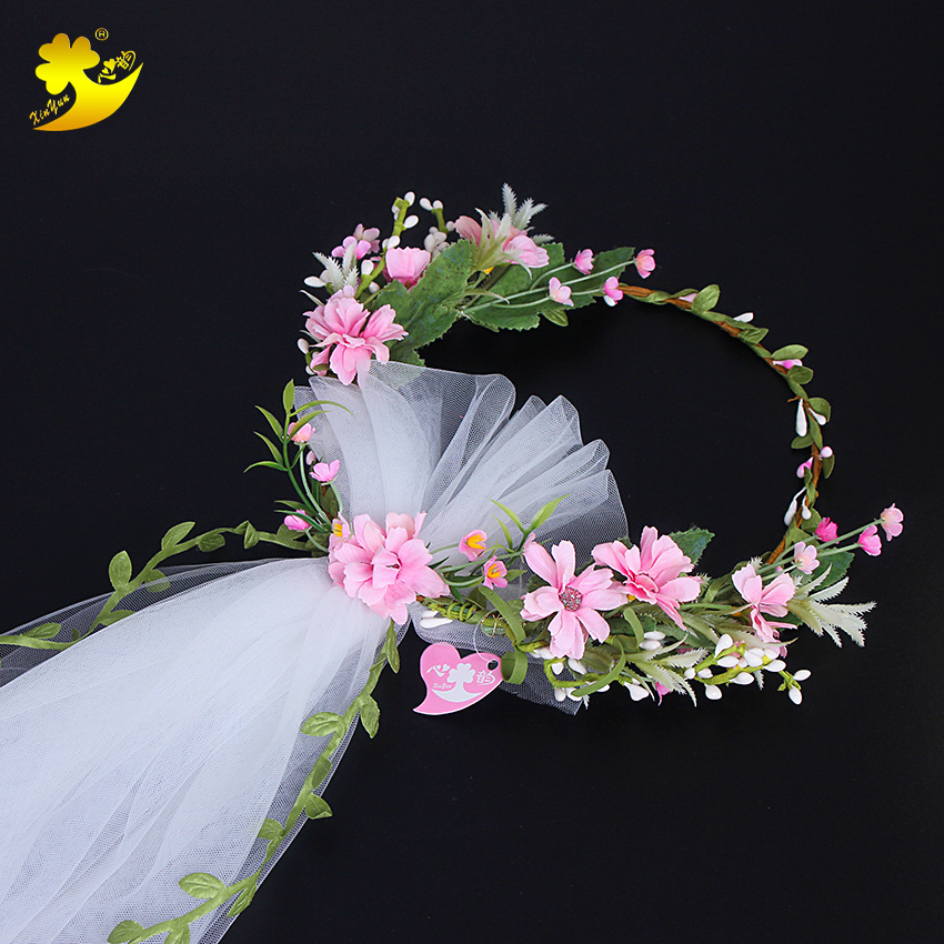 New bride veils from Japan and South Korea, seaside vacation photography, light pink veils, handcrafted simple double-layer forest-themed hair accessories wholesale pic 6