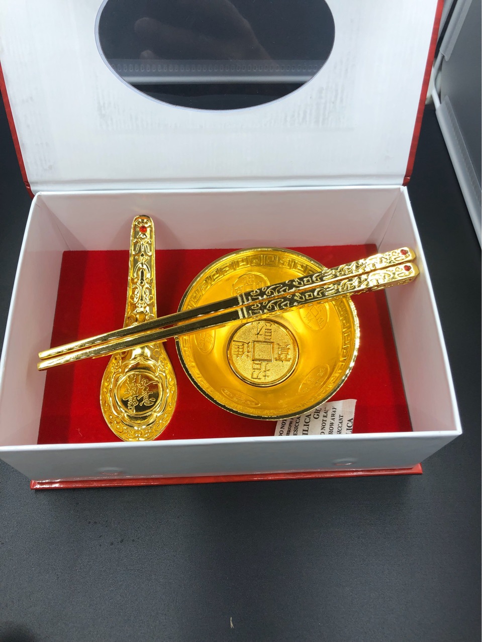 Feng shui Golden Bowl set, golden rice bowl chopsticks, wedding, housewarming, TOEFL, baby one month old gift, household alloy gift ornaments pic 1