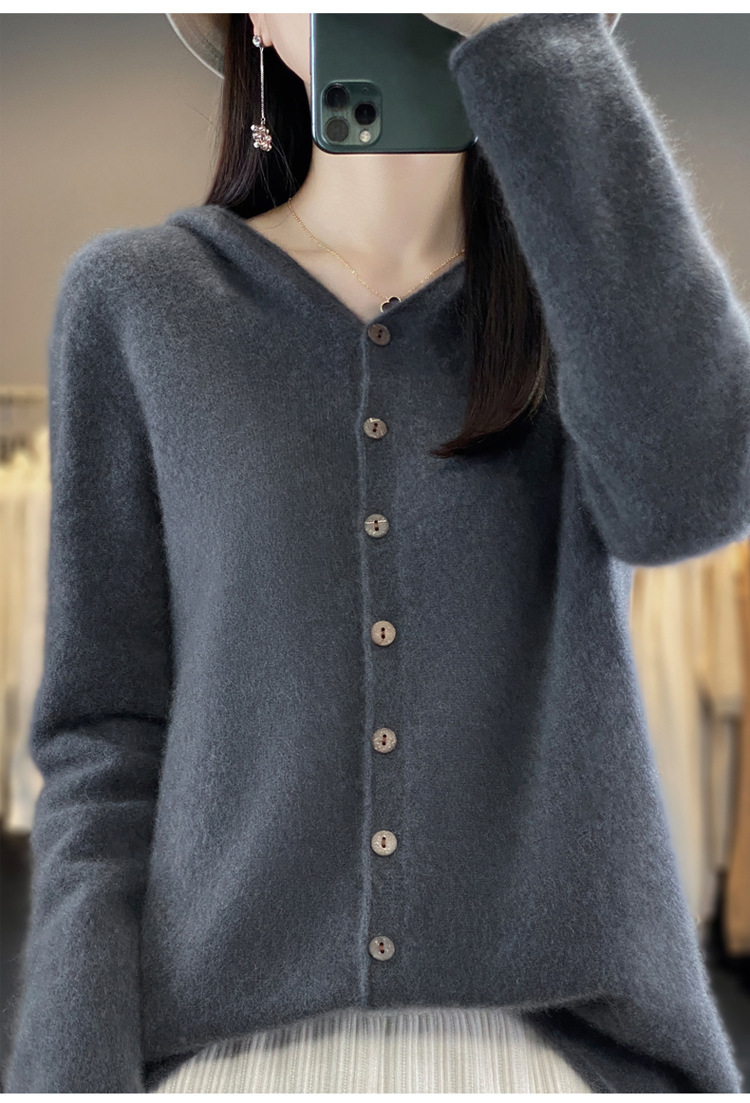 女士连帽100羊毛衫开衫百搭秋冬新款纯色一线成衣潮卫衣针织外套详情30