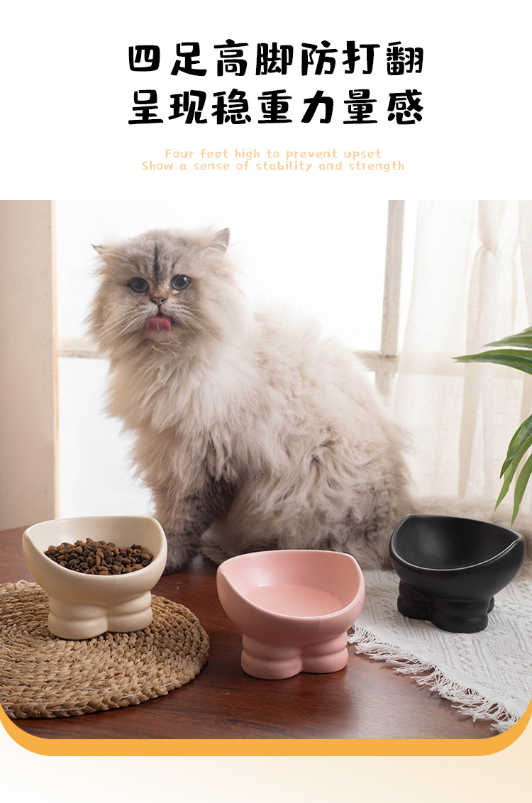 Cat bowl, ceramic food bowl, water bowl, double bowl, cervical vertebrae protection, high leg, slanted mouth, cat drinking bowl, pet bowl, pet supplies pic 5