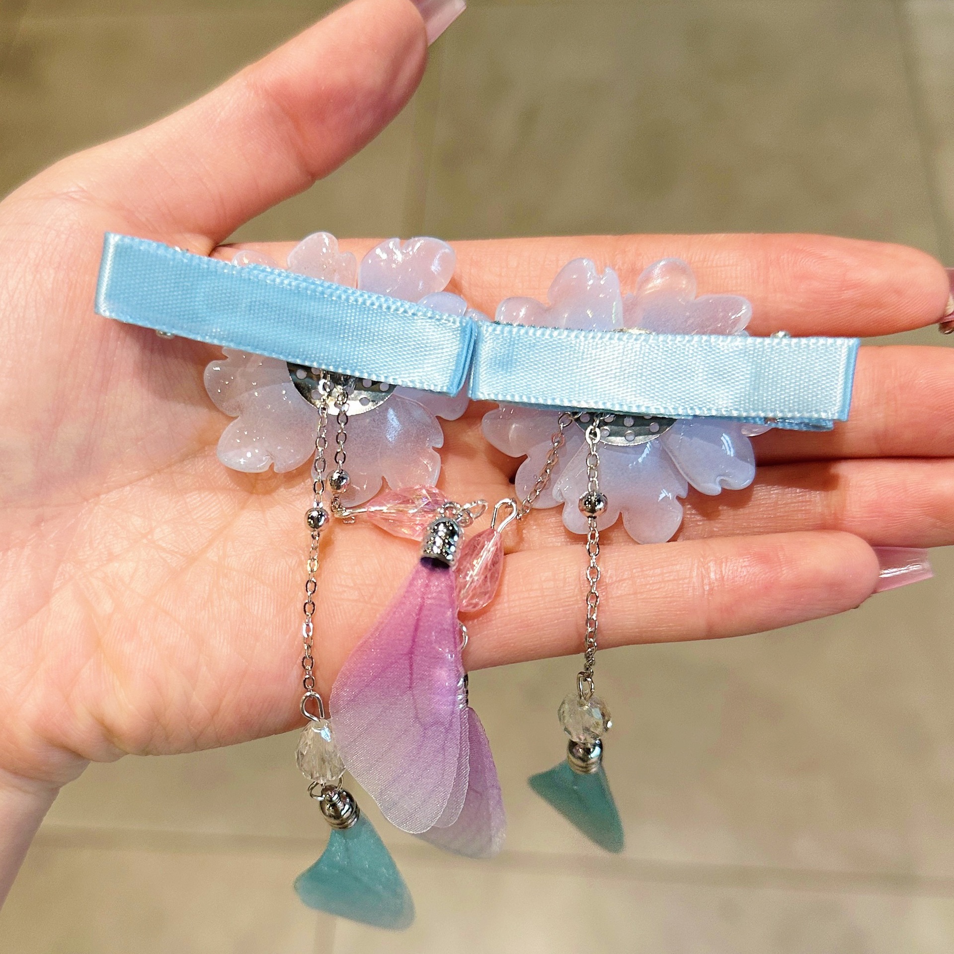 儿童发夹 国潮系列新款古风花朵蝴蝶珍珠流苏中国风琉璃对夹女孩汉服头饰详情28