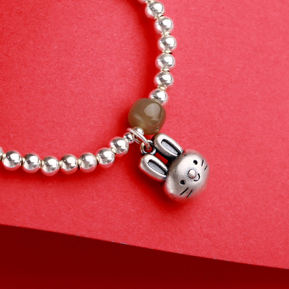 S925 sterling silver gold-plated Qingshui Hetian jade round bead bracelet for women 999 pure silver rabbit zodiac year bracelet pic 14