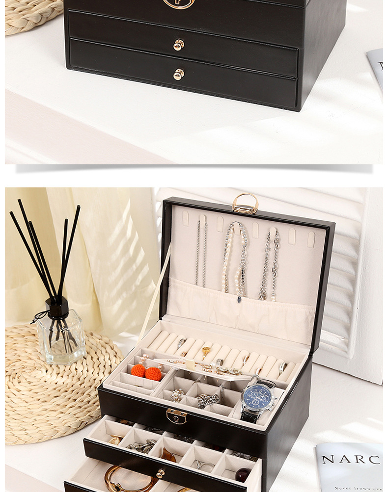 北欧爆款首饰收纳盒儿童珠宝盒亚马逊双层绒布抽屉带锁木质首饰盒详情18