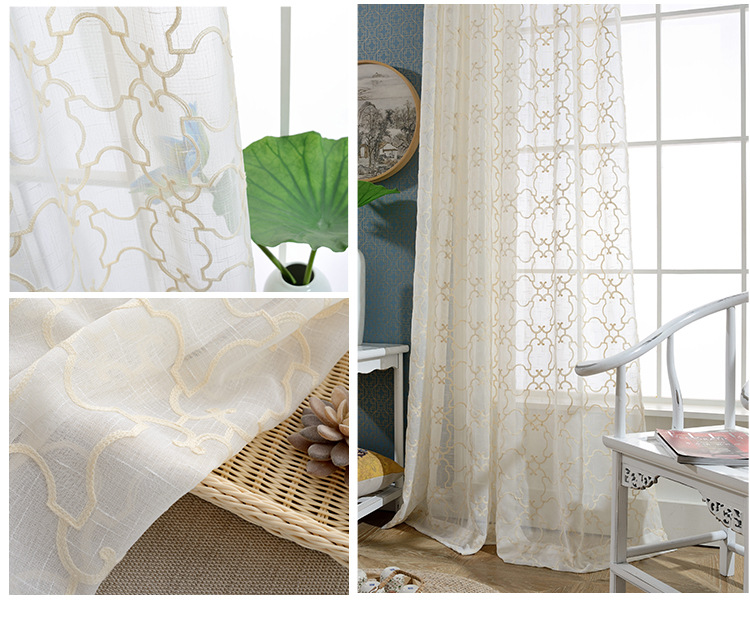 Custom-made cotton and linen eco-friendly embroidered gauze curtains and window screens, modern and simple linen embroidered window screens with heat insulation pic 12
