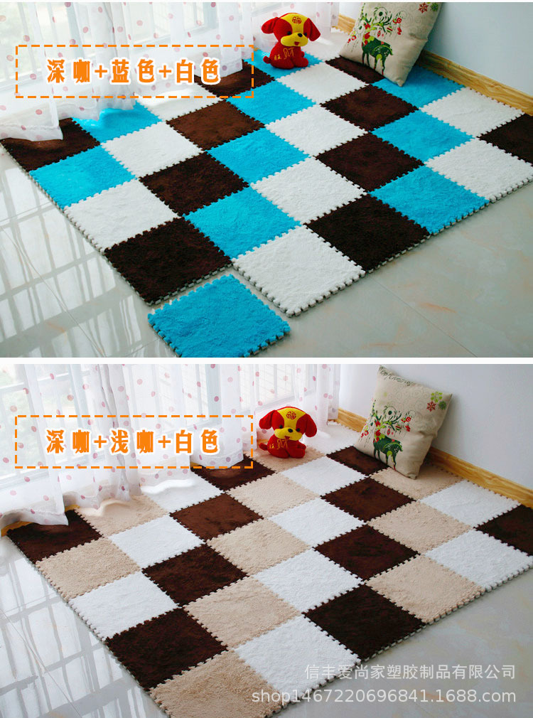 The bedroom is fully carpeted, with a plush bedside blanket in an ins style. The living room is covered with foam floor MATS and a patchwork blanket pic 13