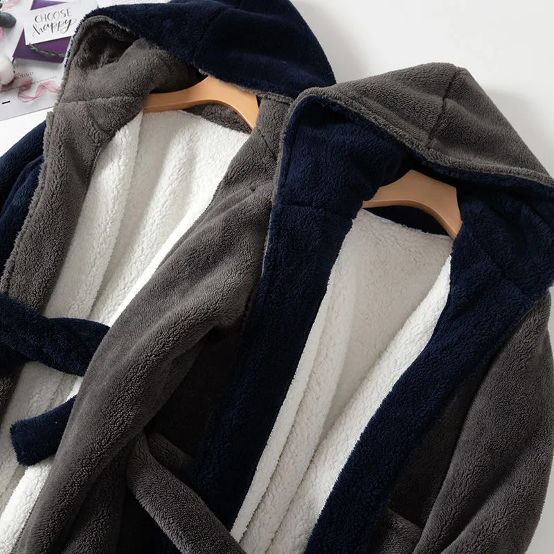 Fabricante oferta directa otoño invierno franela albornoz patched albornoz largo talla grande hombres y mujeres coral fleece pareja pijama bata de baño pic 2
