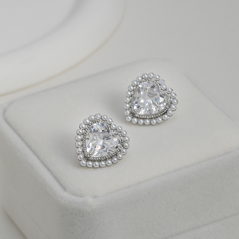 秋冬新款微镶锆石气质耳钉女S925银针高级感粉色爱心耳饰珍珠耳坠详情7