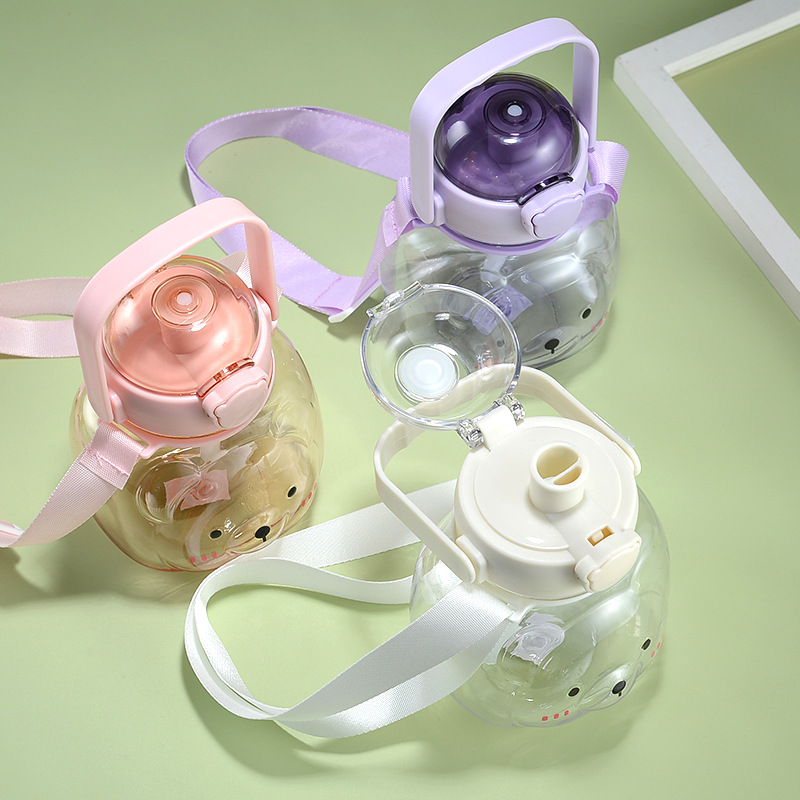 Wholesale of cute silicone-covered bear cups, anti-scald water cups, large-capacity water bottles for children, and double-drinking plastic cups pic 7