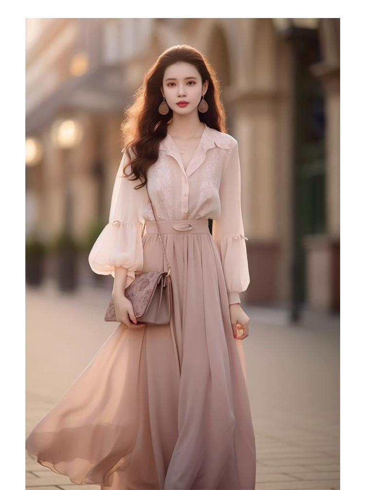 Autumn Outfit 2023 New Chanel-style shirt set, stylish and elegant pink long dress two-piece dress pic 9