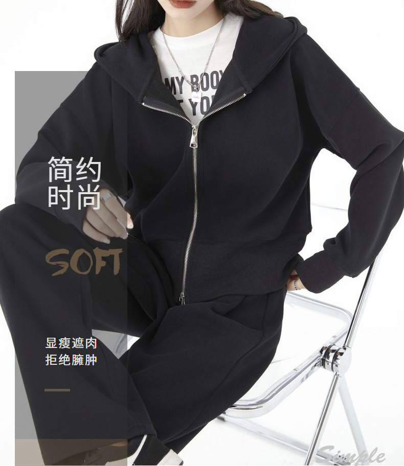 【云朵套装】连帽加绒双拉链空气棉运动高腰欧美风时尚卫衣套装女详情10