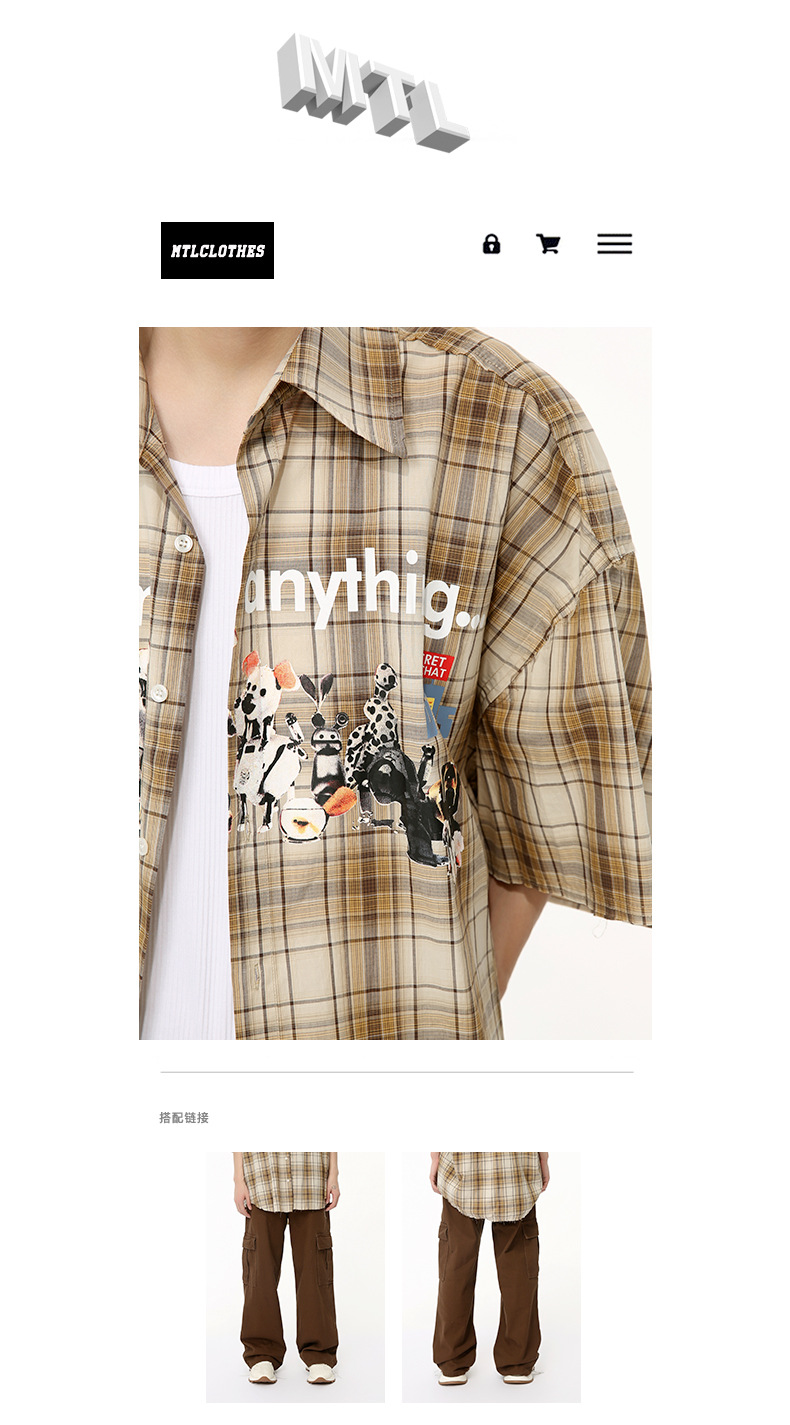 MTLCLOTHES男装|2024夏款新品 小众趣味复古卡通印花格子衬衫休闲详情4
