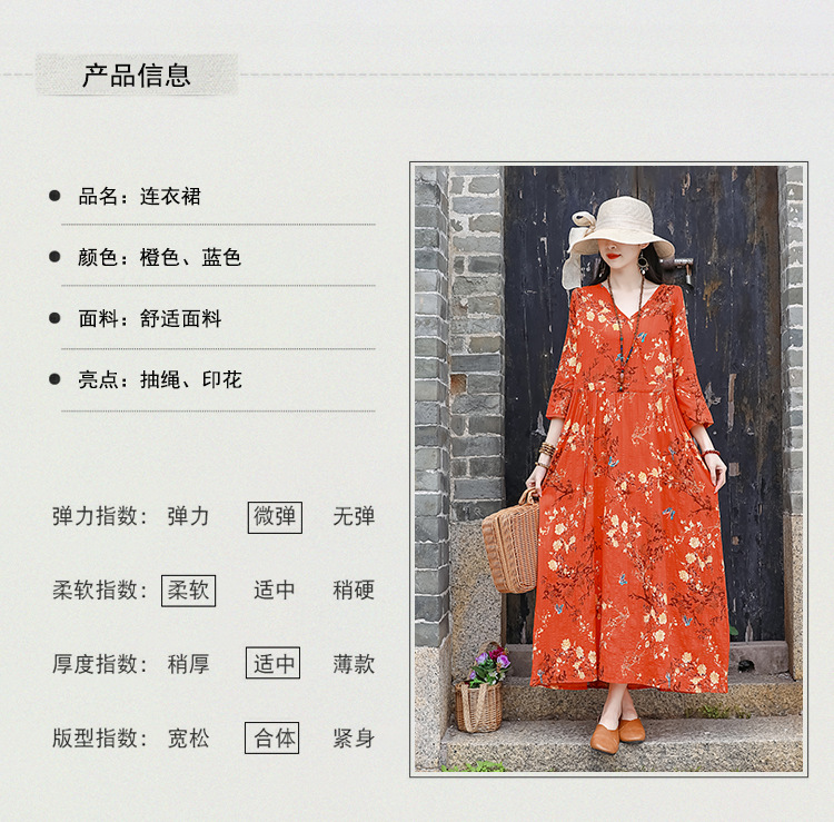 2024夏季新款中年妈妈复古文艺印花棉麻收腰连衣裙宽松大摆长裙女详情12