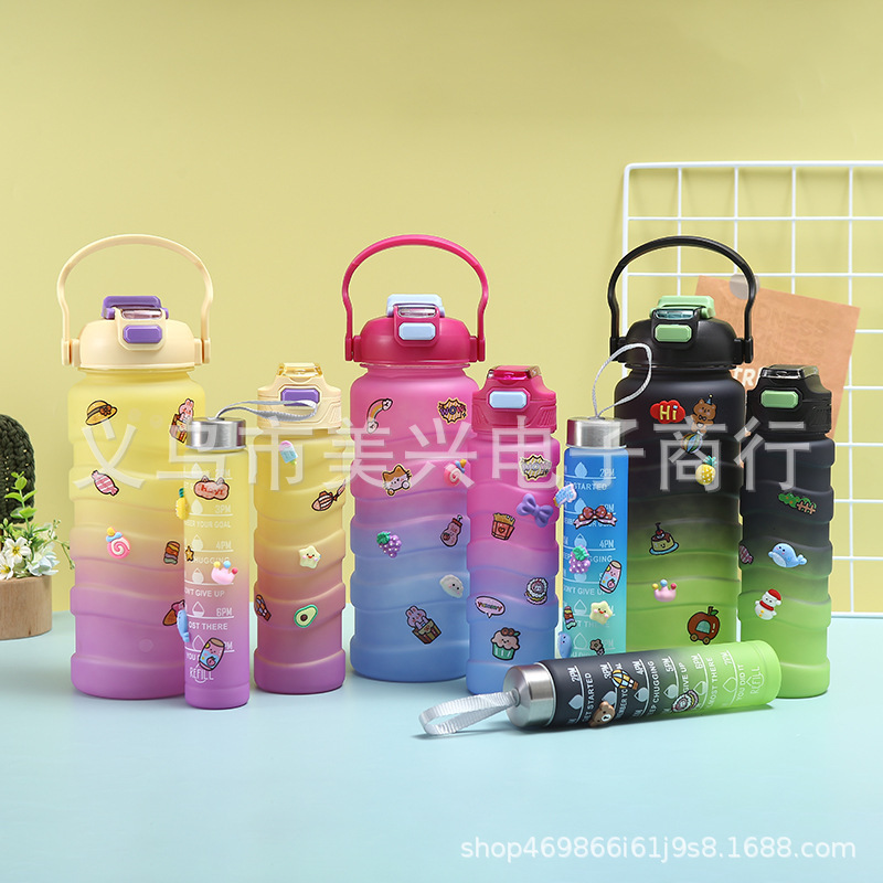 小红书同款三件套塑料杯家用手提大容量吸管杯卡通渐变运动水壶详情5