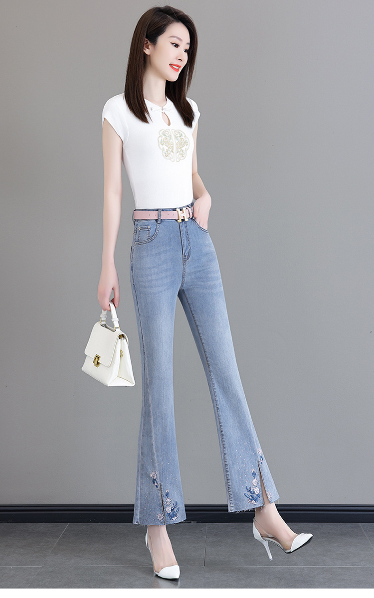 新中式刺绣牛仔微喇裤女夏季新款高腰修身显瘦弹力开叉毛边喇叭裤详情15