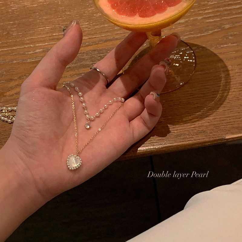 Summer pearl double-layer heart-shaped necklace for women, light luxury high-end design, niche layer-and-wear exquisite collarbone chain necklace, ins pic 7