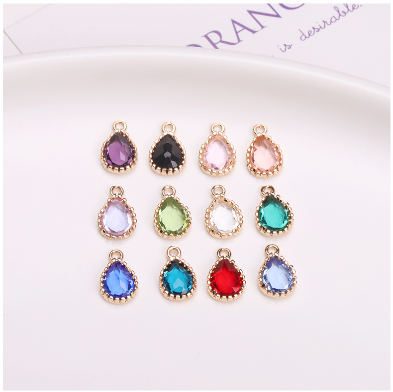锯齿包边铜镀14K金精致彩色水晶玻璃水滴耳环吊坠项链手链DIY配件详情14