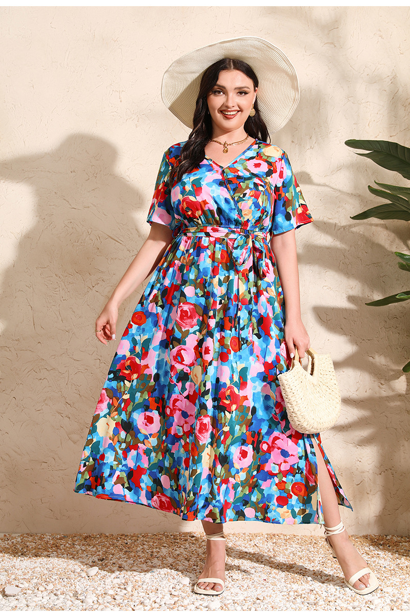 2024 Cross-border new French-style elegant plus-size dress with a V-neck, short sleeve and cinched waist, featuring a simple floral design pic 31